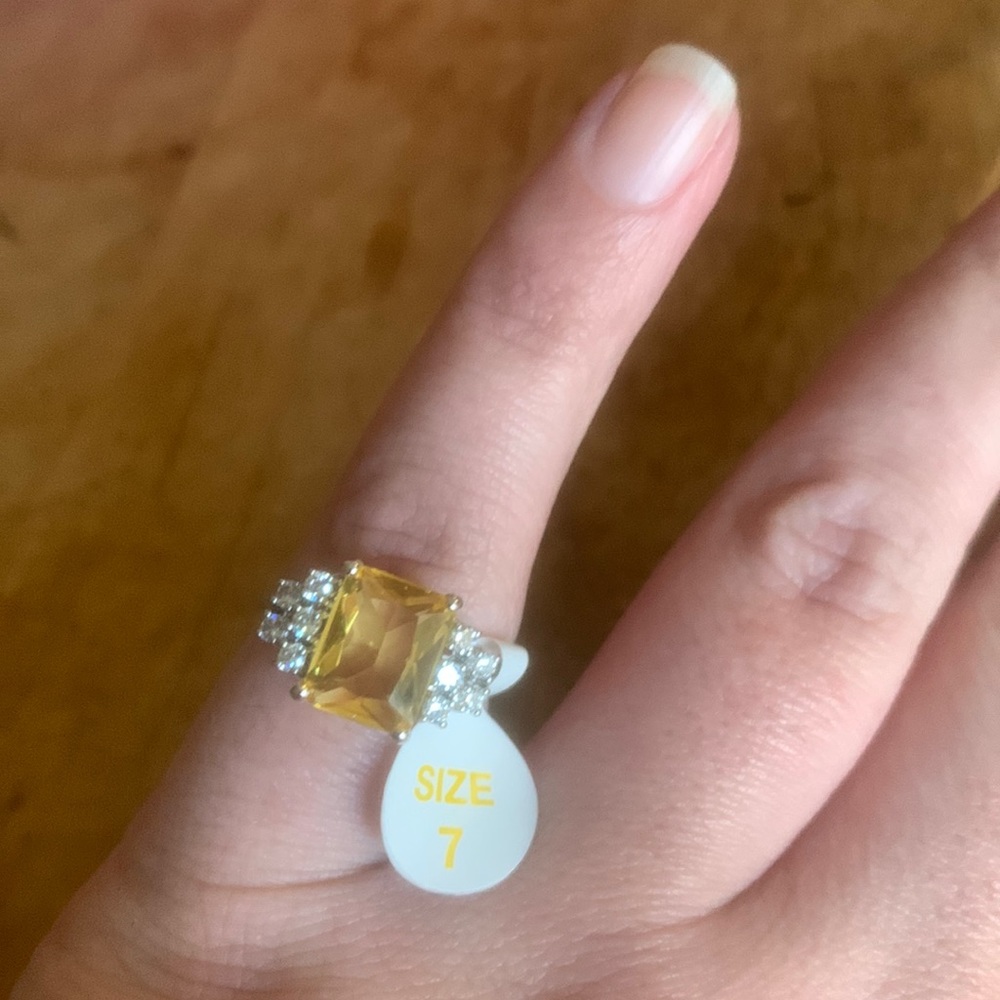 “Sparkle on my Mind” Yellow Topaz, rhodium plating, size 7.